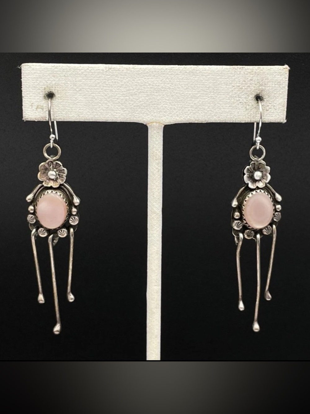 Vintage Navajo Sterling Silver Dangle Earrings Pink Stone Signed E 6.8g - Picture 3 of 9